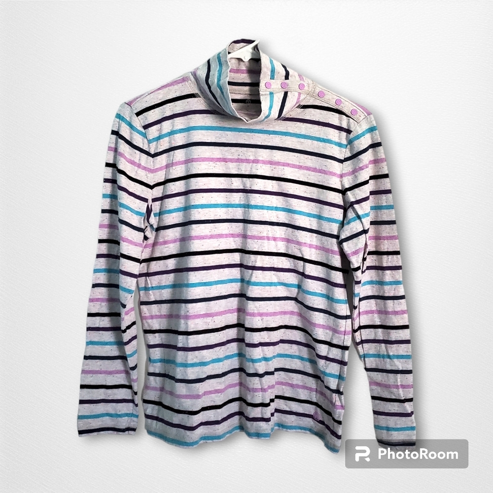 T by Talbots striped mock neck long sleeve tee with snaps, size M - Picture 1 of 10